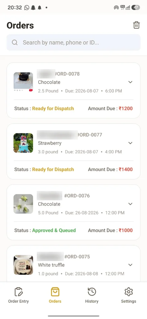 Outlet app showing custom cake orders with photo, weight, due time, status and amount due
