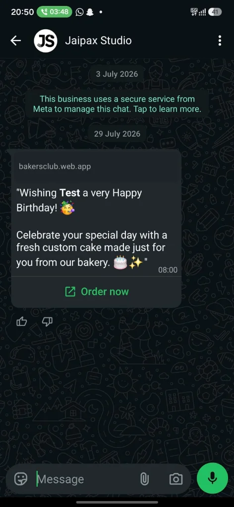 Automatic WhatsApp birthday message from a bakery with an Order now button