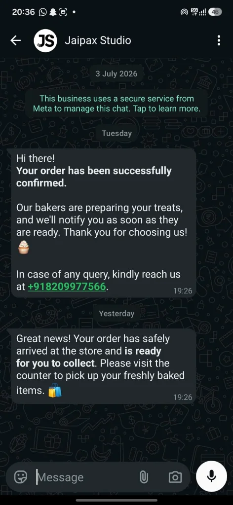 WhatsApp messages sent to a customer: order confirmed, and order ready to collect